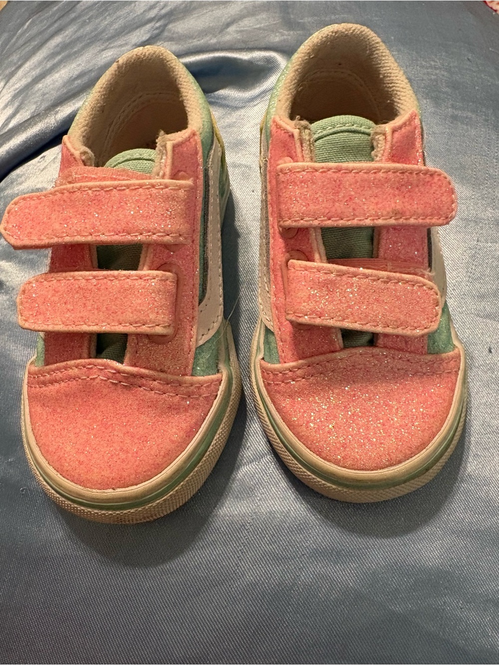 Vans Toddler Old School V Shoe-  Glitter Pink and Mint Velcro Kids Sneakers